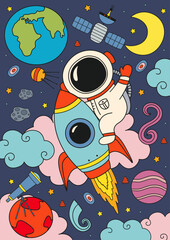 poster with cute astronaut flying on a rocket in space - 528565925