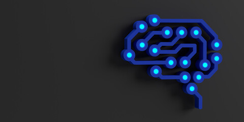 AI (Artificial Intelligence) concept: Blue glowing CPU brain symbol connecting dots for learning, electric pulses circuit board symbol. 3d rendered illustration black background, copy space. 