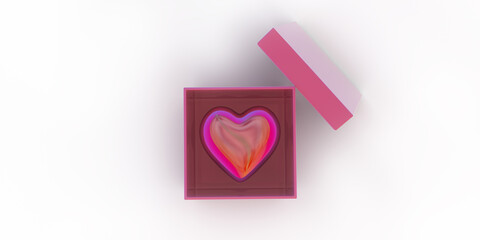 Glossy and bright heart shape in open pink square gift box. 3D render white background. Graphic illustration design for lovers, mothers and valentines day. Love