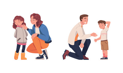 Obraz premium Mother and Father Talking to Their Child Supporting and Soothing Them Vector Illustration Set