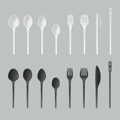White and black disposable cutlery realistic set. Plastic hygienic tableware for eating or picnic