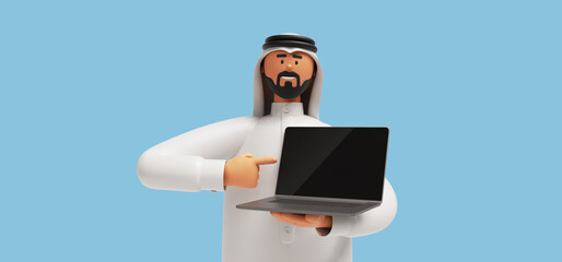 3d render, cartoon character arab man with beard wears traditional white clothes, holds laptop and points with finger at it. Business clip art isolated on light blue background. Recommendation concept