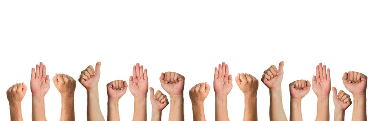 Cropped shot of many hands raised together with closed fists, thumb up, open palm isolated on white. Multiple hands community raised up together to show agreement and support same team.