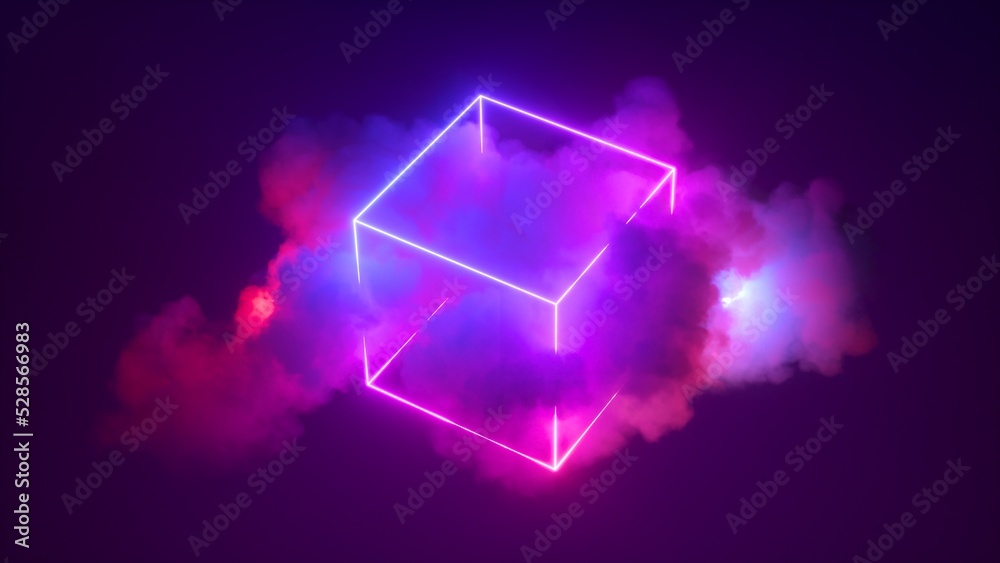 Wall mural 3d render, abstract ultraviolet background with glowing cloud and neon box sign