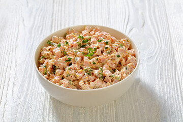 classic ham salad on white plate, top view