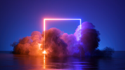 3d render, abstract background. Unique fantasy wallpaper with square geometric shape glowing with neon light, colorful cumulus cloud and water with reflection