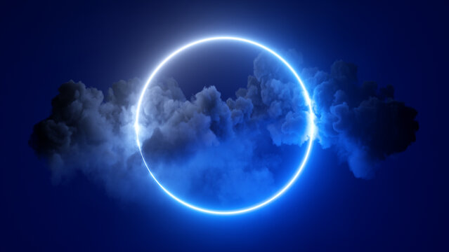 3d rendering, abstract futuristic geometric background with neon ring and stormy cloud over night sky. Round frame with copy space