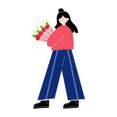 a pretty girl with a bouquet flowers in her hands. Vector illustration
