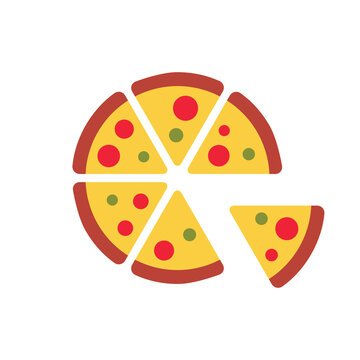 Pizza slice icon, one slice separated, pizza symbol, color isolated on white background, vector illustration.