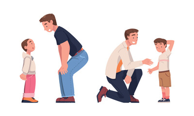 Obraz premium Father Talking and Speaking to His Son Answering Question Vector Illustration Set
