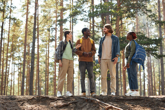 Group of friends with backpacks discussing their journey while standing on hill in the forest