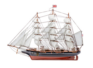 Model of wooden frigate ship on white background