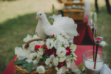 white doves in a wedding bouquet