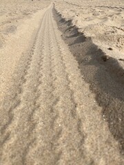In the sand are grooves of a tire track