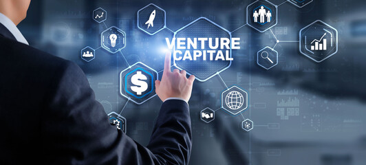 Venture capital. Investor capital. Businessman pressing virtual screen inscription
