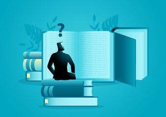 Man sits on a pile of books and reads a giant book curiously