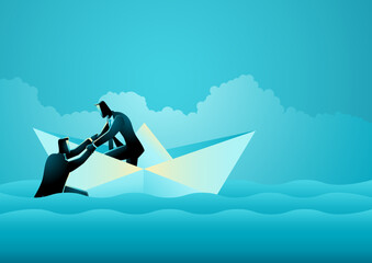 Businessman on paper boat helping other businessman who is drowning