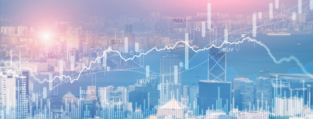 Trading Finance buy and sell concept on futuristic modern city wallpaper