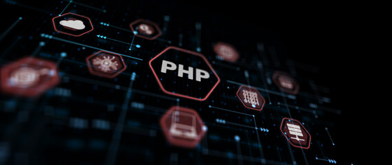 Fototapeta na wymiar Technical background PHP inscription. Network internet illustration