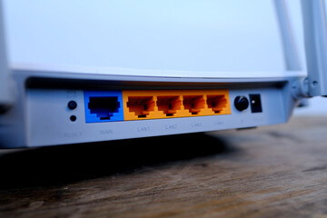 Wi-Fi router output ports close-up, modern wireless Router with four non-removable external...