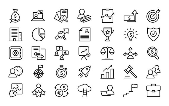 Set of 35 business icons in line style. Business, finance, team, office management. Vector illustration.