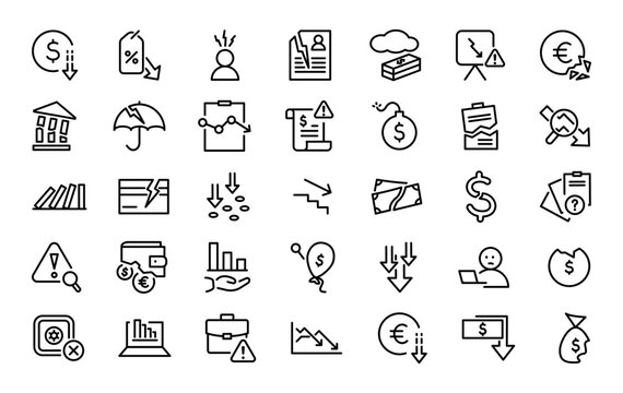 Set of 35 crisis icons in line style. Economic crisis, pay cuts, job fired, career resign. Vector illustration.