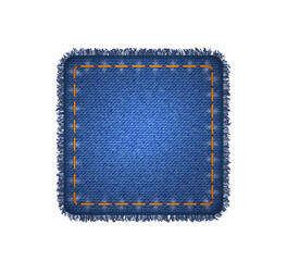 Square patch of blue jeans denim texture. Realistic sturdy cotton twill fabric of denim jeans label