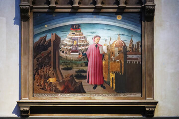 Image of Dante Alighieri inside the cathedral of Florence, Italy. Painting by by Domenico di...