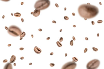 Coffee beans falling background. Black espresso coffee bean flying. Aromatic grain fall isolated on white. Represent breakfast for energy and freshness concept.