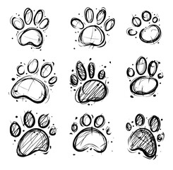 Paw prints dog animal feet scribble doodle hand drawn black and white outline vector SVG