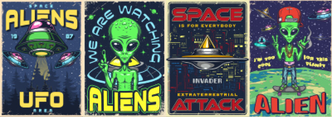 Aliens area set flyers colorful © DGIM studio