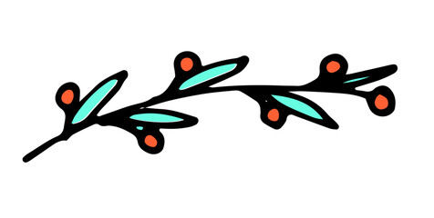 vector twigs with berries, turquoise leaves and red small round berries. a hand-drawn curved twig in the style of doodles