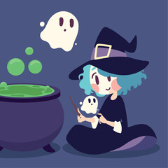 halloween witch with ghost