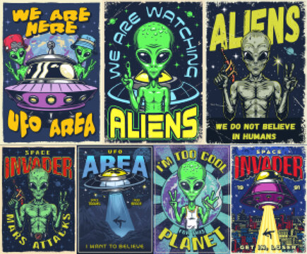 Aliens set colorful vintage posters