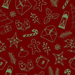 Seamless pattern of winter season, Christmas, New year, XMAS design on background, for holiday, celebration party, new year, print or wrapping paper. Line art style. Red and green color