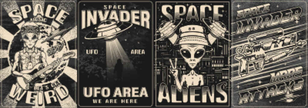 Alien activity set monochrome posters