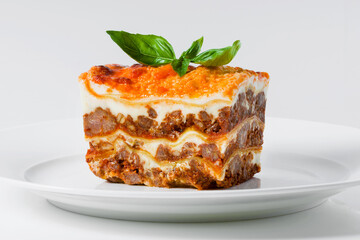 real italian lasagna with meat and parmesan cheese on white. fresh basil for serving