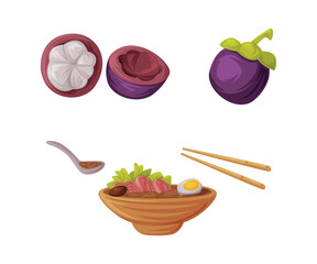 Purple Mangosteen Fruit and Dish Bowl as Thailand Symbol and Tropical Food Vector Set