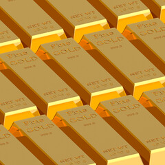 Gold bars stacked. Fine Gold 999.9 1000 gr. 3D Render. Isolated on white background.