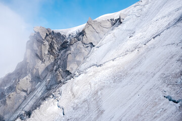 Rugged and dangerous mountain peaks high in the Alps losing their glaciers.