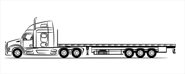  American Flatbed trailer truck abstract silhouette on white background.  A hand drawn of a truck car. Trailer with axle extendable trailer rigged. Low Bed Trailer Truck for Excavator