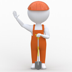 Builder with a shovel. Builders Men Wearing Uniform And Protection Hat. 3D Render. Isolated on white background.3d man, people.