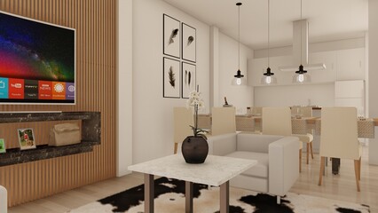 Living room with integrated dining room and minimalist kitchen, special apartments