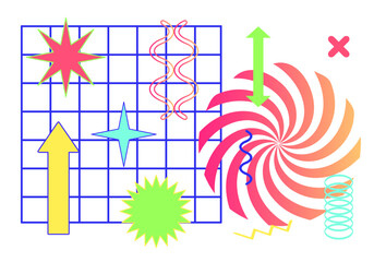 Vector trendy abstract cool retrowave pattern illustration with memphis geometric shapes. Retro 90s Pop Art Background in modern contemporary style for package design, textile or fabric print