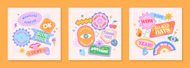 Fototapeta na wymiar Vector set of cute funny templates with patches and stickers in 90s style.Modern symbols in y2k aesthetic with text.Trendy kidcore designs for banners,social media marketing,branding,packaging,covers