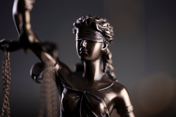 Law symbols composition. Law and justice concept.  Themis sculpture and judge’s gavel on gray background.