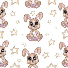 Baby girl rabbit with milk bottle and stars seamless pattern. Hand drawn watercolor adorable bunny with milk bottle, stars digital paper. Isolated on white background. Design for kid wrapping design