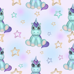 Cute baby unicorn with colorful stars seamless pattern. Hand drawn watercolor adorable unicorn with stars digital paper. Isolated on white background. Design for kid wrapping design