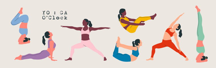 Women wearing sportswear doing Yoga. Young slim girls doing yoga. Hand drawn colored Vector illustrations. Weight Loss. Health care and lifestyle concept. Female yoga.