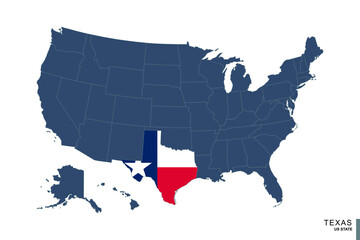 State of Texas on blue map of United States of America. Flag and map of Texas.
